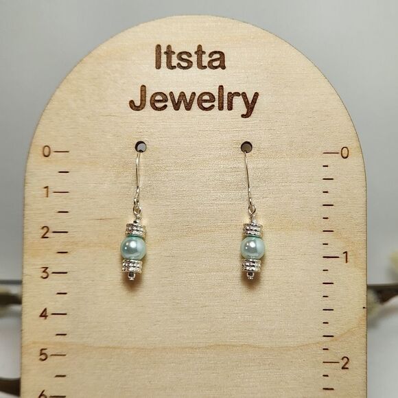 Light Green Pearl Earrings 6mm Czech Glass Pearls Sterling Silver Earwires - Picture 1 of 6